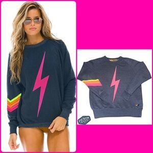 Aviator Nation Bolt Stitch Chevron 5 Crew Sweatshirt in Heather Navy/Neon 🌈🩷